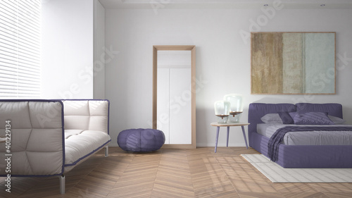Modern bright minimalist bedroom in purple tones, double bed with pillows, duvet and blanket, parquet, window and sofa, table with lamps, mirror, pouf and carpet, interior design