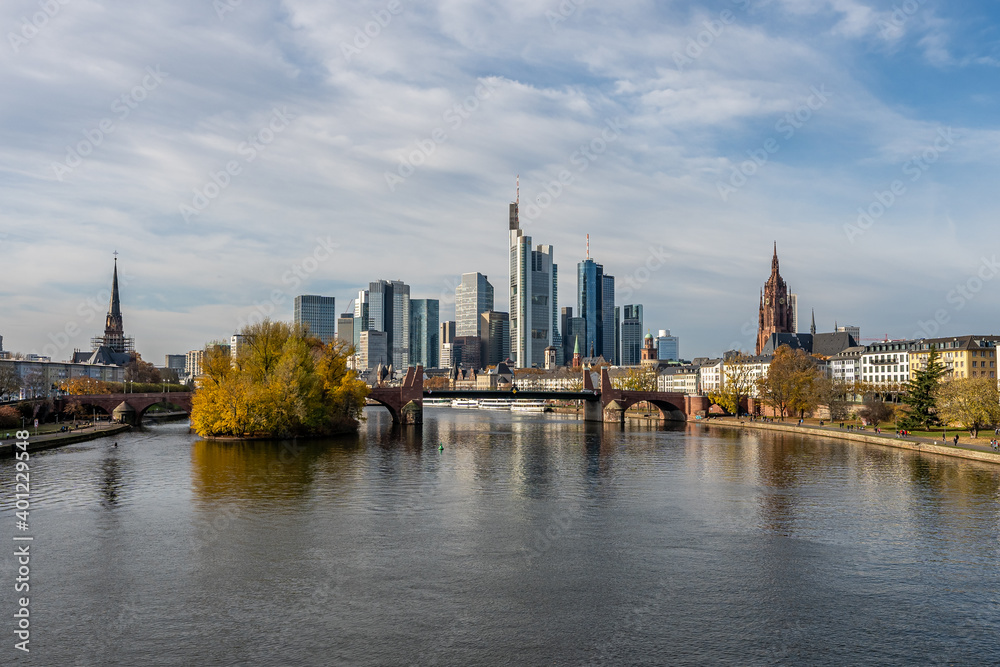 Frankfurt, Germany, November 2020: view on Frankfurt am Main, Germany Financial District and skyline, picture taken on bridge at main river