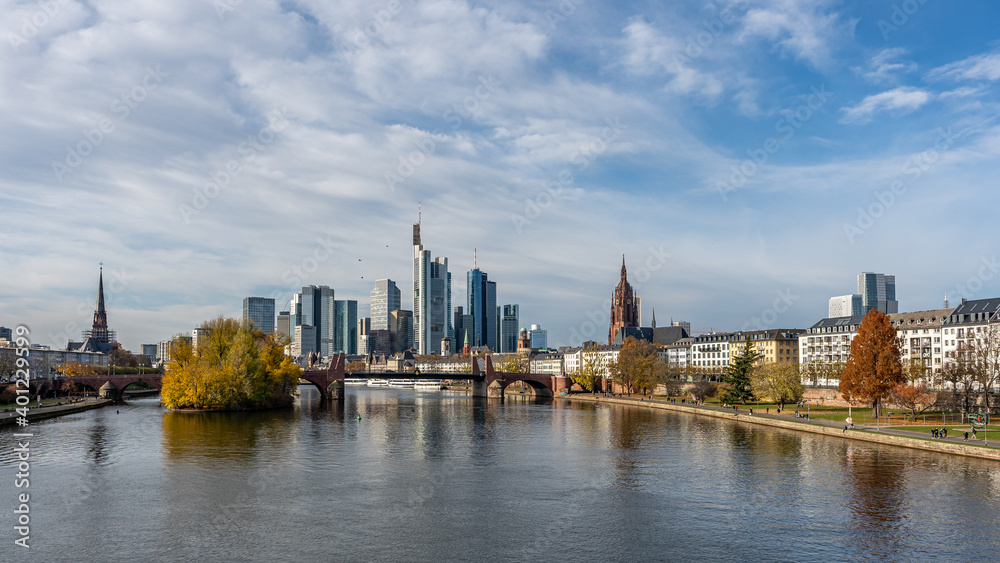 Frankfurt, Germany, November 2020: view on Frankfurt am Main, Germany Financial District and skyline, picture taken on bridge at main river