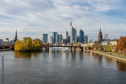 Frankfurt  Germany  November 2020  view on Frankfurt am Main  Germany Financial District and skyline  picture taken on bridge at main river