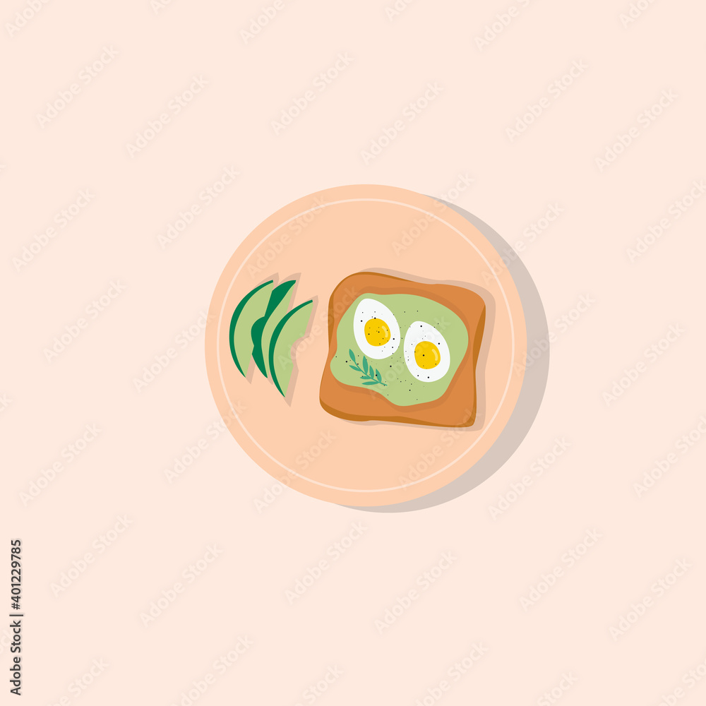 Avocado toast with eggs. Fast healthy snack for breakfast, lunch with bread, avocado and eggs on plate. Colorful modern food vector illustration in cartoon flat style. Avocado toast with eggs. Fast healthy snack for breakfast, lunch with bread, avocado and eggs on plate. Colorful modern food vector illustration in cartoon flat style.