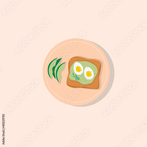 Avocado toast with eggs. Fast healthy snack for breakfast, lunch with bread, avocado and eggs on plate. Colorful modern food vector illustration in cartoon flat style.