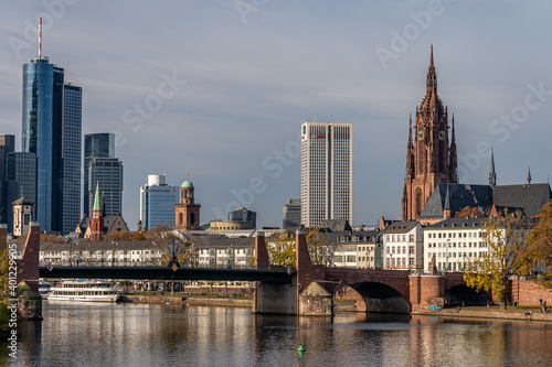 Frankfurt, Germany, November 2020: view on Frankfurt am Main, Germany Financial District and skyline, picture taken on bridge at main river