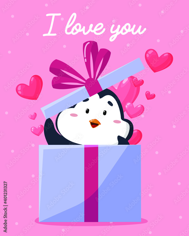 Valentine's day greeting card.
The penguin looks out of the gift box. Many hearts