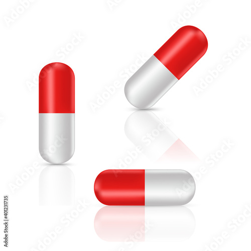 Capsule pills on white background. Vector illustration with shadow and reflect