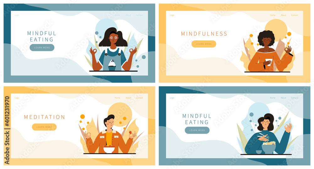 Set of landing pages with people practicing mindful walking exercise in nature and leaves. Concept illustration for meditation, relax, recreation, healthy lifestyle, mindfulness practice.