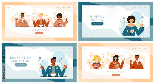 Set of landing pages with people practicing mindful walking exercise in nature and leaves. Concept illustration for meditation, relax, recreation, healthy lifestyle, mindfulness practice.