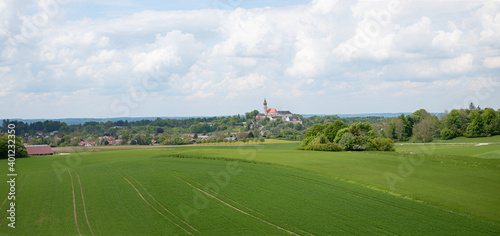 agricultural fields round cloister Andechs, rural landscape upper bavaria in spring
