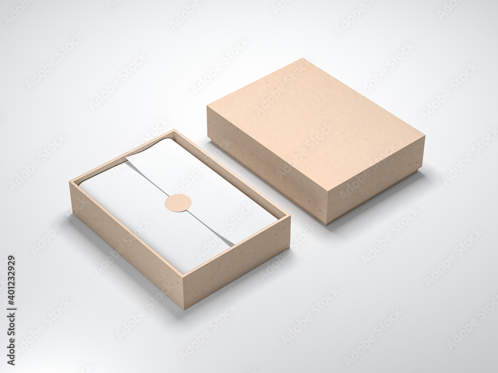 Cardboard Box Mockup with white wrapping paper opened light background - obrazy, fototapety, plakaty 