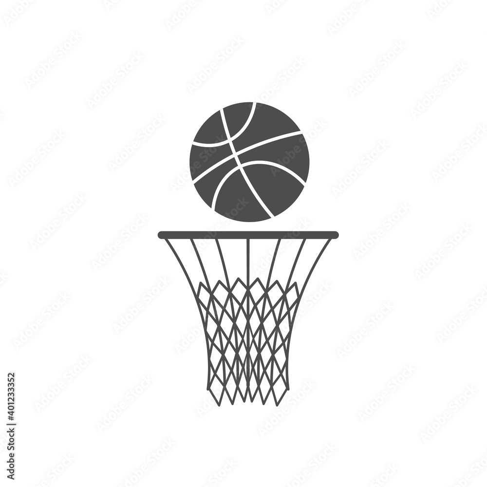 Basketball hoop and ball silhouette isolated on white background. Sport concept. Vector stock