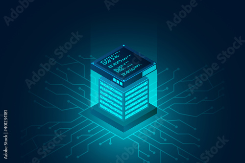 Datacenter isometric vector illustration. Data center room background. Computer storage or farming workstation. Vector illustration