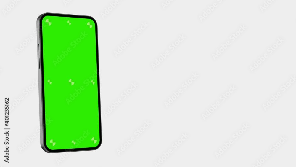 Smartphone blank green screen with indicators flies into the frame from right. alpha matte included with indicators