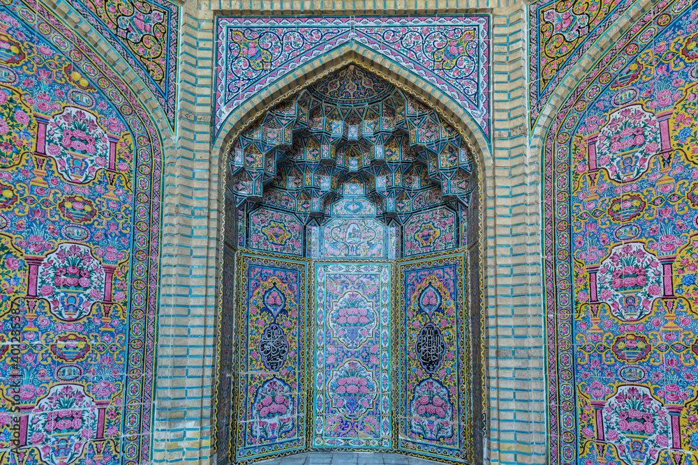 Colorful mosaic  patterns on the wall of Nasir Al-Mulk Mosque (Pink Mosque) in Shiraz, Iran