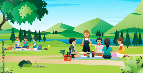The children had a picnic in a park with a flowing river.