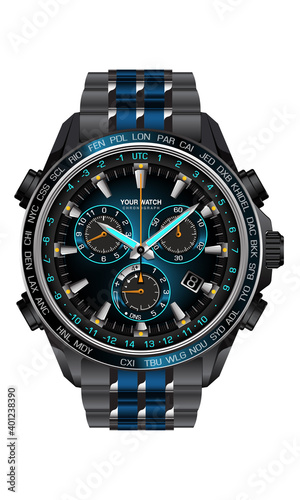 Realistic clock watch chronograph blue dark grey metal steel design for men on white background vector illustration.