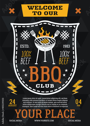 Barbecue party flyer. BBQ club poster template design. Summer barbeque editable card. Stock vector illustration