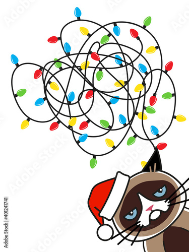 Grumpy cat tangled christmas lights. Greeting card