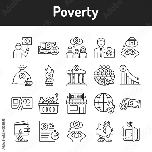 Poverty color line icons set. Pictograms for web page, mobile app, promo.