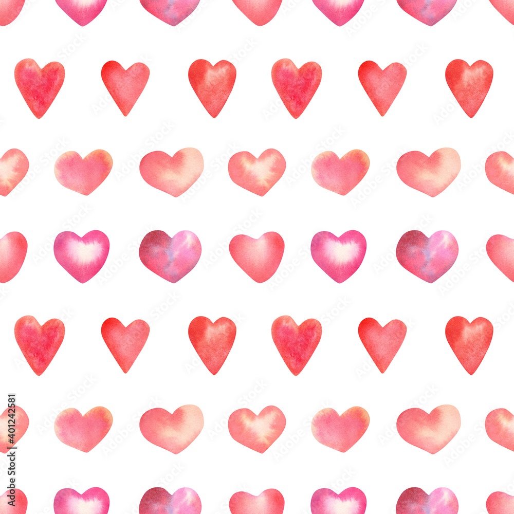 Seamless watercolor pattern with pink and red hearts for valentines day and children decor, fabric, wrapping paper