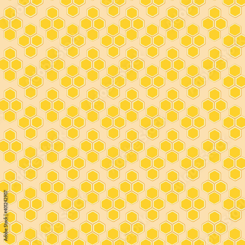 Honeycomb seamless pattern as texture or ornament, flat vector illustration with yellow bee honey hexagons