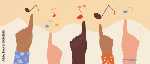Hands pointing finger at notes isolated, flat vector stock illustration as a concept of musical taste