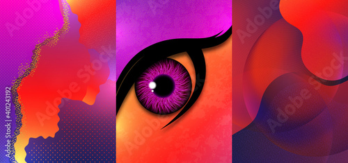 Collection of postcards. Creative mystic eye, flowing style, gradient background, texture. Poster, banner, flyer. Vector illustration