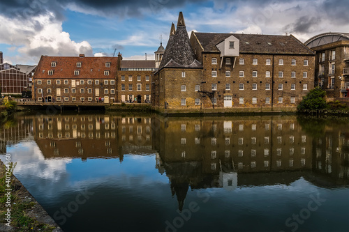A view of the Three Mills, part of the oldest tidal mills complex in the world in Lee Valley, London in the summertime