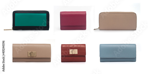 set of multicolored leather wallets isolated on white background (ID: 401244396)