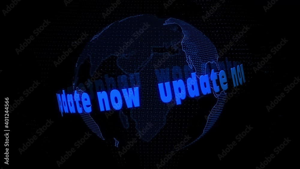 Abstract movement background in blue design - spinning digital earth globe - lettering UPDATE NOW orbits the globe