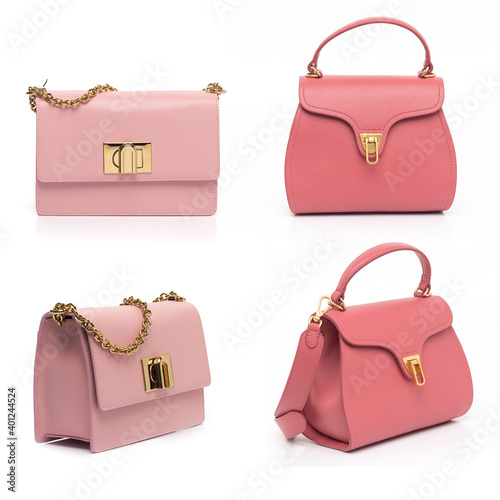 pink leather purse collection isolated on white background (ID: 401244524)