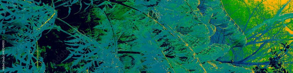 Fototapeta premium Green Flora Decoration. Dark Plant Print. Yellow