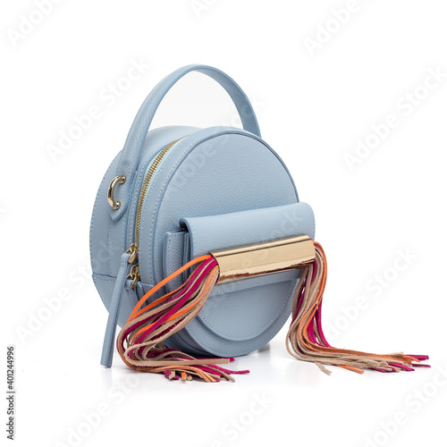 blue round leather purse with fringe isolated on white background (ID: 401244996)