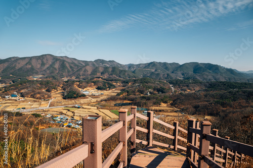 Panoramic view of Boeun countryside village and mountain from Samnyeonsanseong Fortress in Boeun, Korea