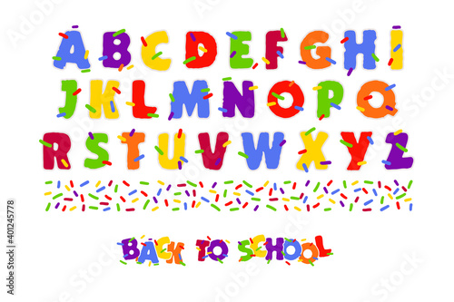 The alphabet. Children's font in cartoon style . A set of colorful bright letters for inscriptions. Colored letters with an outline on a white background. Vector illustration of the alphabet.