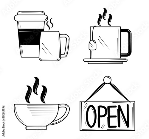 restaurant icons set disposable cup teacup and signboard in line style