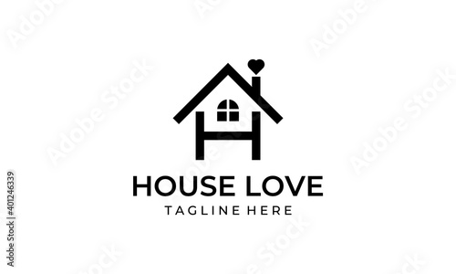 initial letter H with house home and heart love logo design template