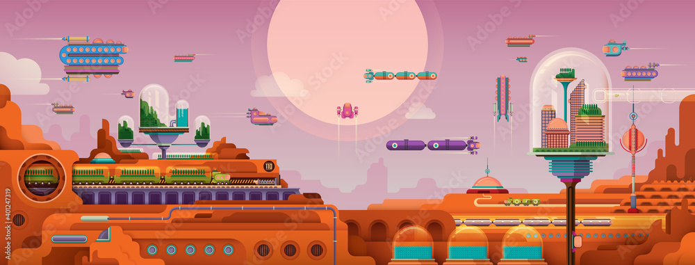 Mars landscape illustration with human settlement, flying vehicles and infrastructure. Colonization of Mars. Vector illustration.