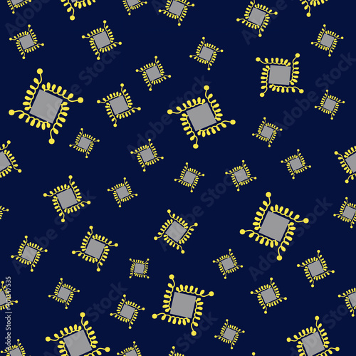 Seamless abstract pattern. Gray rectangles with yellow curls on a blue background. Simple design for fabrics, scarves and accessories, baby textiles, patchwork, bedding, scrapbooking, packaging