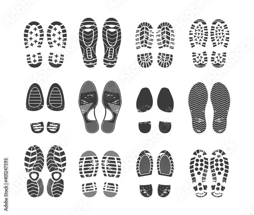 Human footprint. Footwear steps silhouette, shoes, boots, sneakers footstep print of men and women, textured steps. Dirty shoes print, shoes footprints on asphalt and ground, step silhouette