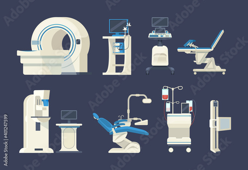 Hospital medical diagnostic equipment. Medical devices, health system, monitoring. Tomograph, scanner, x-ray, dentist chair, mammography, blood transfusion gynecology, fluorography, wheelchair