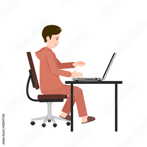 A man with a laptop. Vector image of a person for animation. Editable strokes. Editable movement. A man is sitting sideways at a table with a laptop.