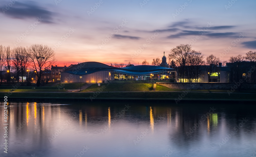 Famous and the longest and largest river in Krakow, Poland, twilight image. Traveling concept image.