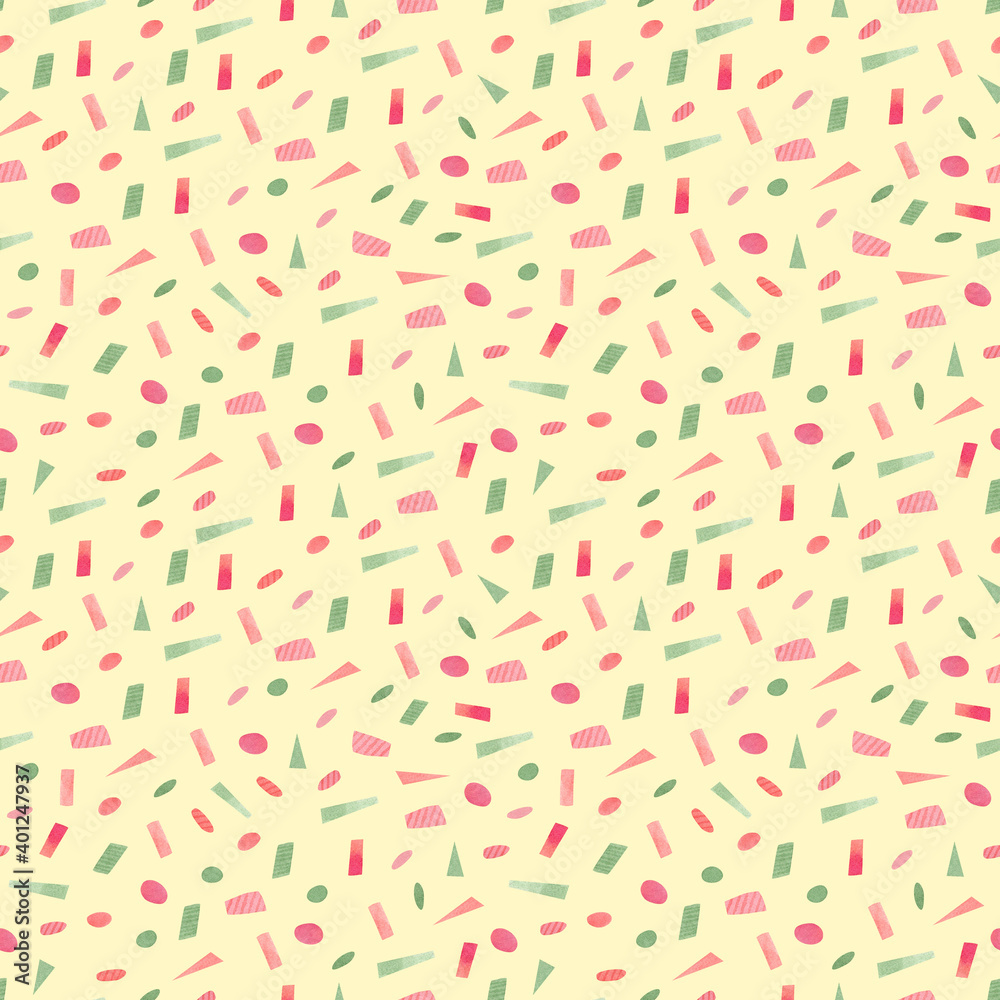 Seamless abstract yellow watercolor pattern with pink, red, green confetti forchristmas, valentines day, children decor, fabric, wrapping paper