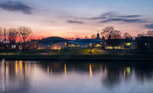 Famous and the longest and largest river in Krakow, Poland, twilight image. Traveling concept image.