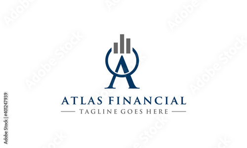 initile letter A or Atlas with bar chart growth financial logo design template