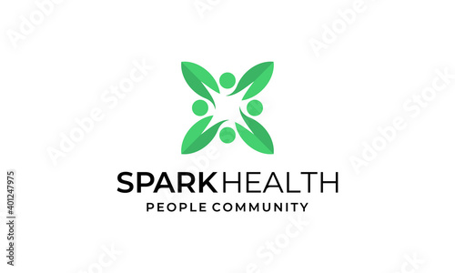 spark health medical eco leaf with crowd people community logo design template