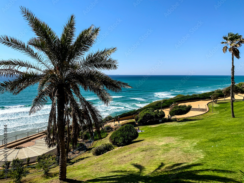 Landscape of a resort town on the Mediterranean sea. Netanya, Israel