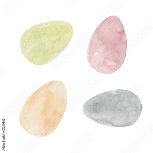 Set of watercolor Easter eggs isolated on white background. Pastel colors. Festive food.