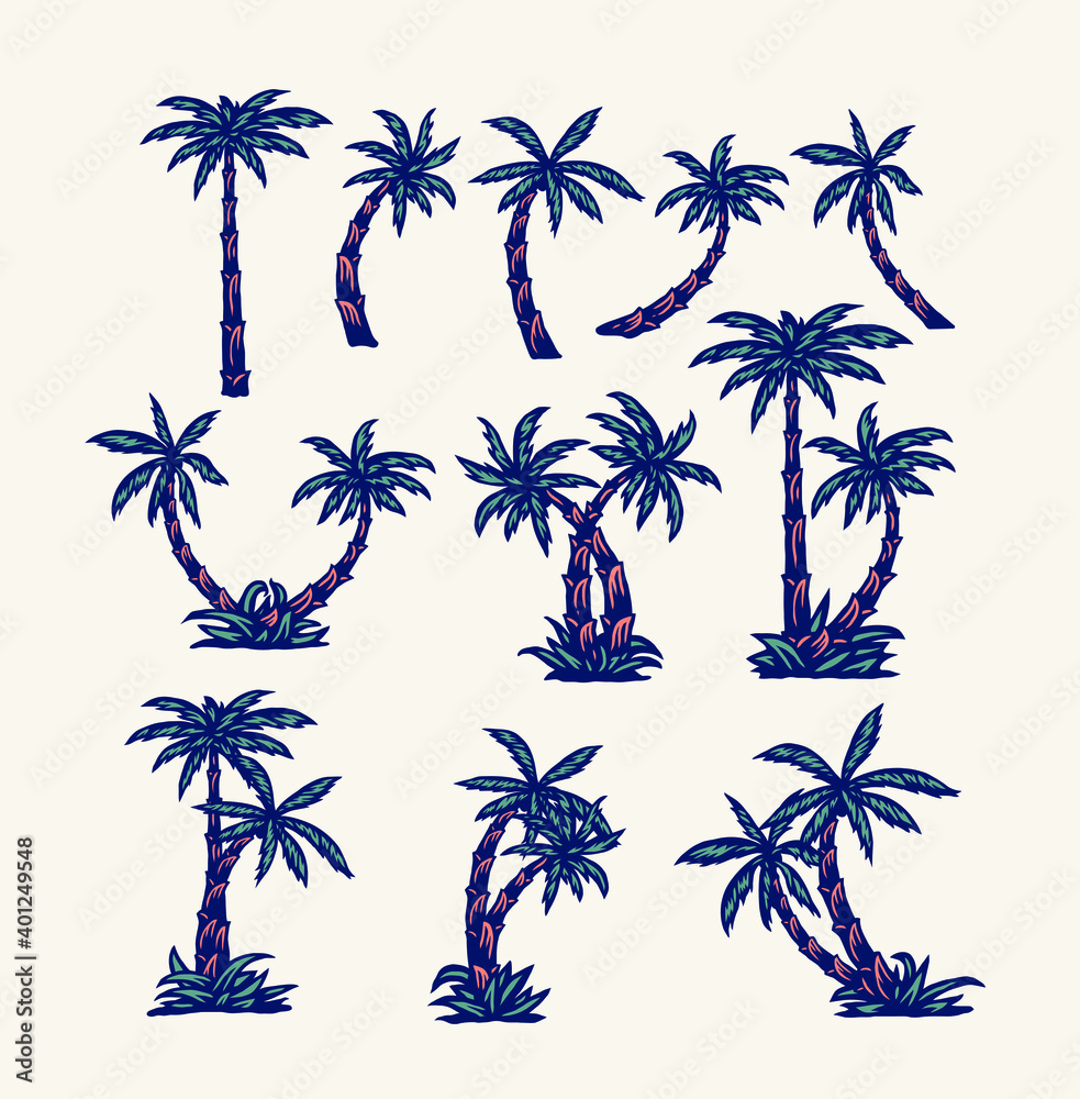 Set of palm trees, hand drawn line style with digital color, vector illustration