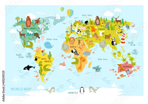 Map of the world with cartoon animals for kids. Europe, Asia, South America, North America, Australia, Africa. Lion, crocodile, kangaroo. koala, whale, bear, elephant, shark, snake, toucan.